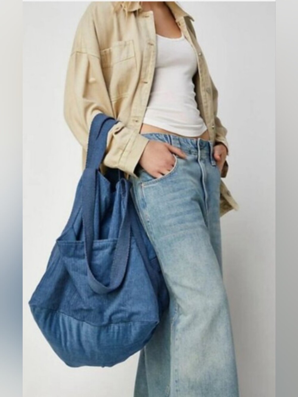 Free People Mega Cord Cord Large Blue Corduroy Tote Travel Gym Bag